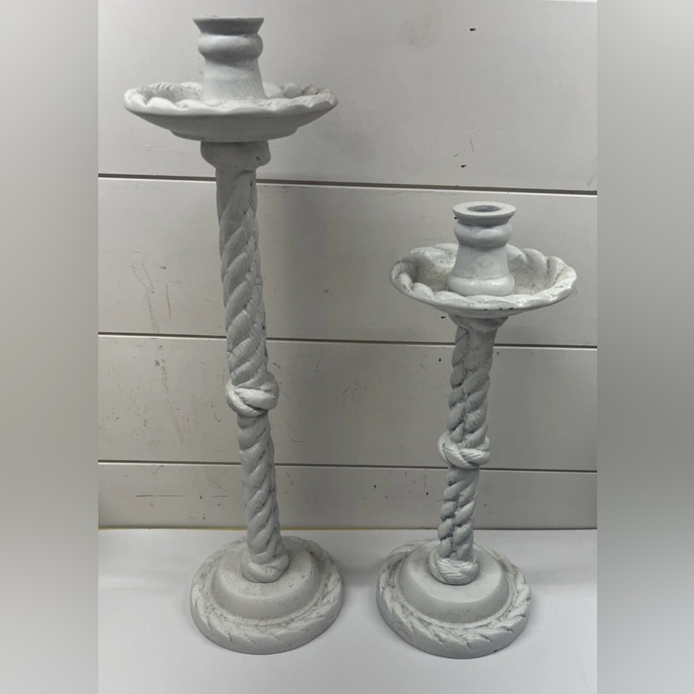 Vntg Painted Pewter Candlesticks Set Nautical Beach Cottage Decor